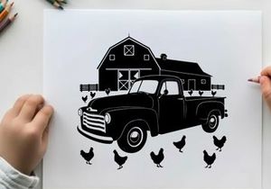 Silhouette of a vintage truck and chickens in front of a rustic barn