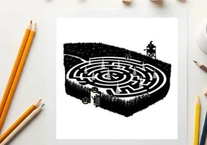 Silhouette of a person standing on a maze with a watchtower silhouette