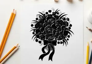 Silhouette of a beautiful bouquet of flowers with ribbon