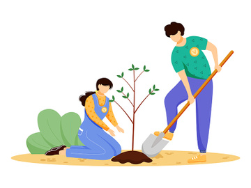 Volunteers planting tree flat vector illustration preview picture