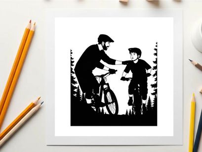 Silhouette of a man helping a boy with a bicycle in the woods