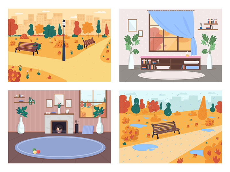 Fall in city flat color vector illustration set