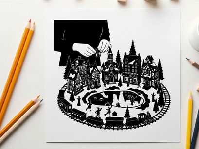 Silhouette of a person building a miniature winter village scene