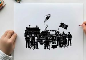Silhouette of people gathered around a truck with a flag and building