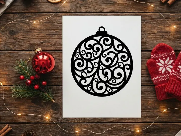 Silhueta de enfeite de Natal preto com padrão intrincado de enrolamentos filigranados em fundo branco
