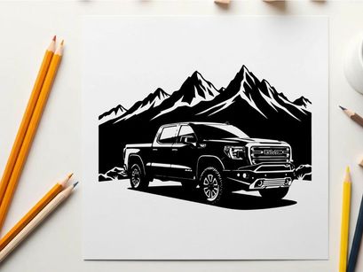 Silhouette of a pickup truck in front of mountains