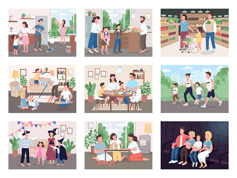Family routine flat color vector illustrations set