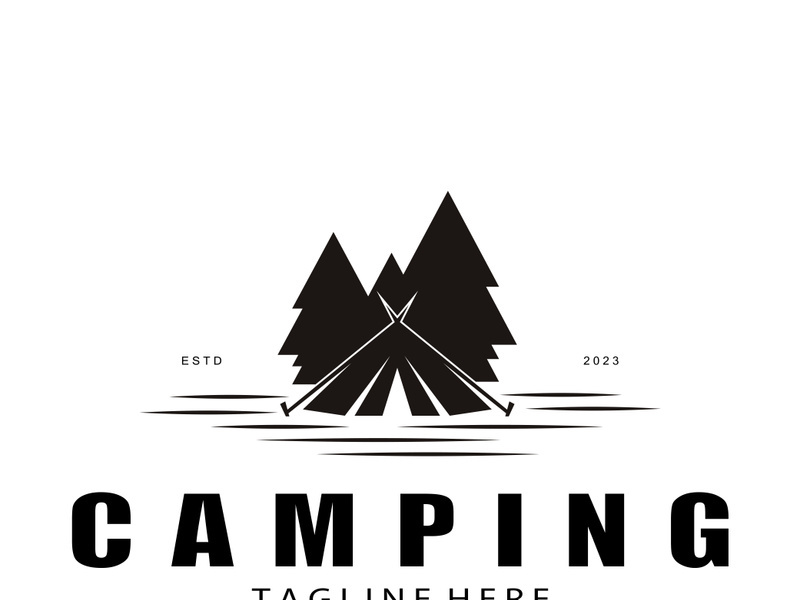 vintage and retro tent logo, camping. With tent, tree and bonfire sign. adventurers, scouts, climbers, camping equipment center