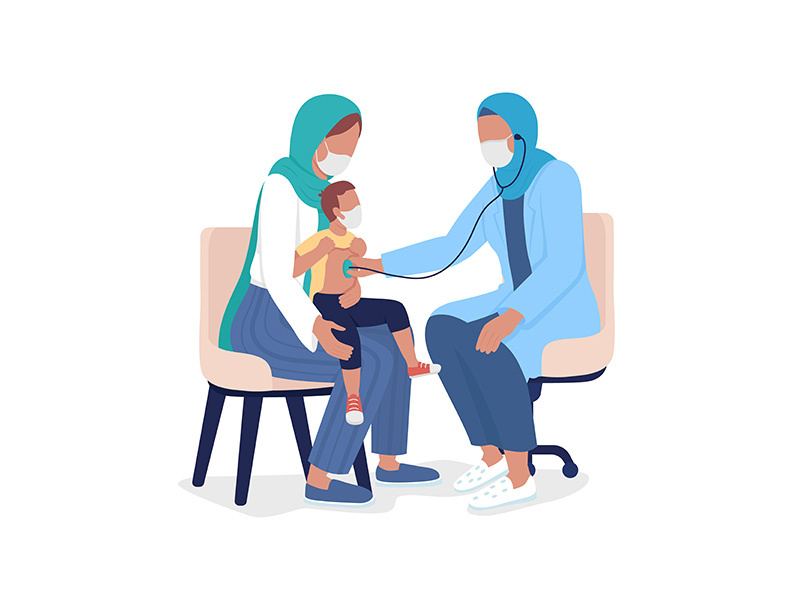 Mother and toddler visiting pediatrician semi flat color vector characters