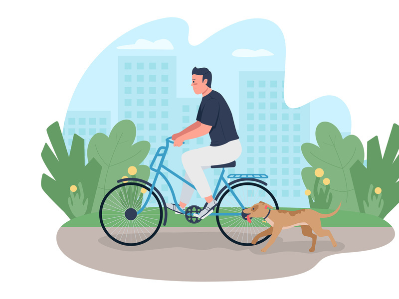 Man riding on bicycle with dog running near 2D vector web banner, poster