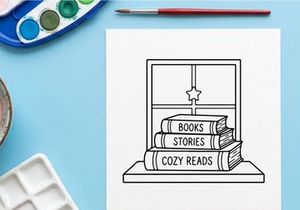 Stack of books on a windowsill with a star icon, cozy Christmas reading illustration.