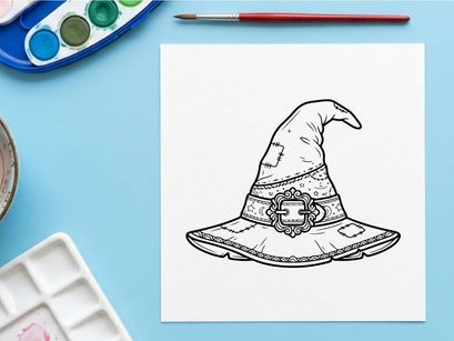 Witch hat with moon and stars design isolated on white. Classic Halloween sorceress headwear for fantasy costumes and magical themes.