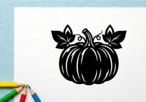 Stylized Halloween Pumpkin Illustration with Leaves and Curves