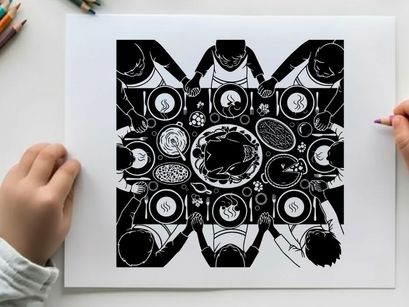 Silhouette of people gathered around a table with food in a symmetrical pattern