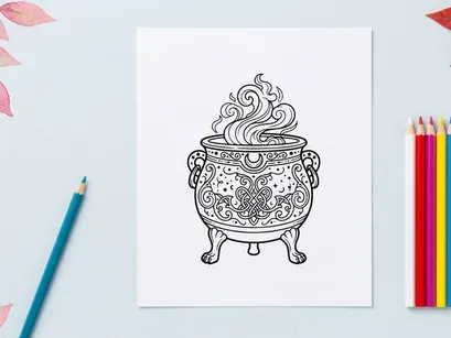 Witch cauldron with magic steam. Occult potion pot with mystical celestial ornaments.