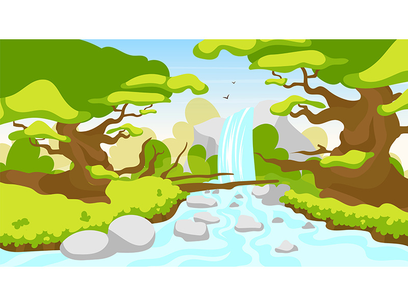 Jungle waterfall flat vector illustration