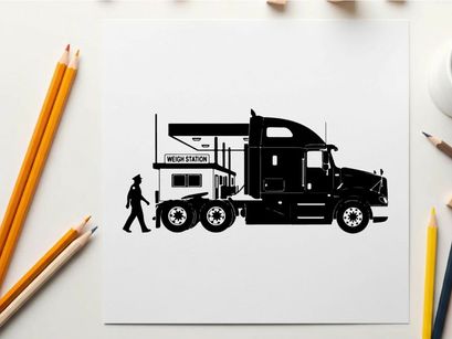 Silhouette of a man walking next to a large semi truck silhouette
