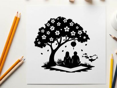 Couple relaxing under a cherry blossom tree with hot air balloon