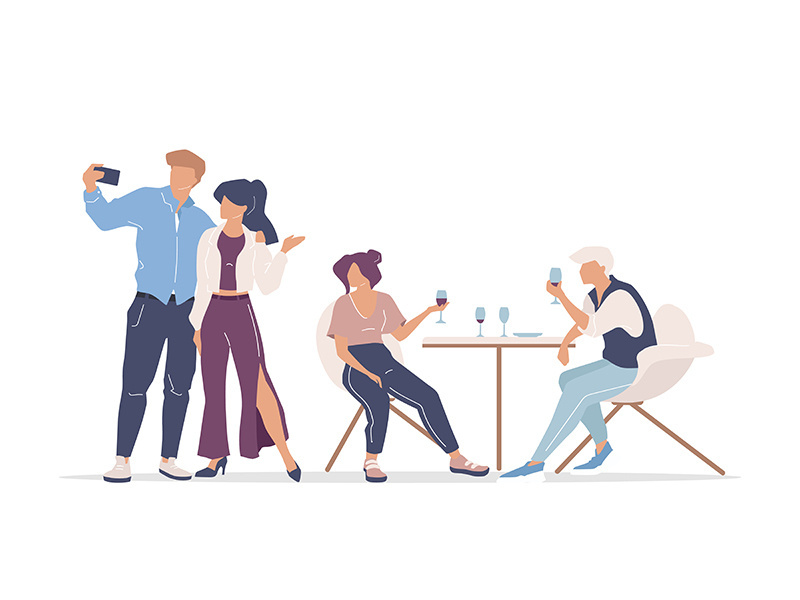 Group of friends at restaurant flat color vector faceless characters