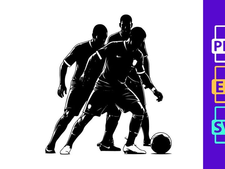 Silhouette of three soccer players in action with a ball