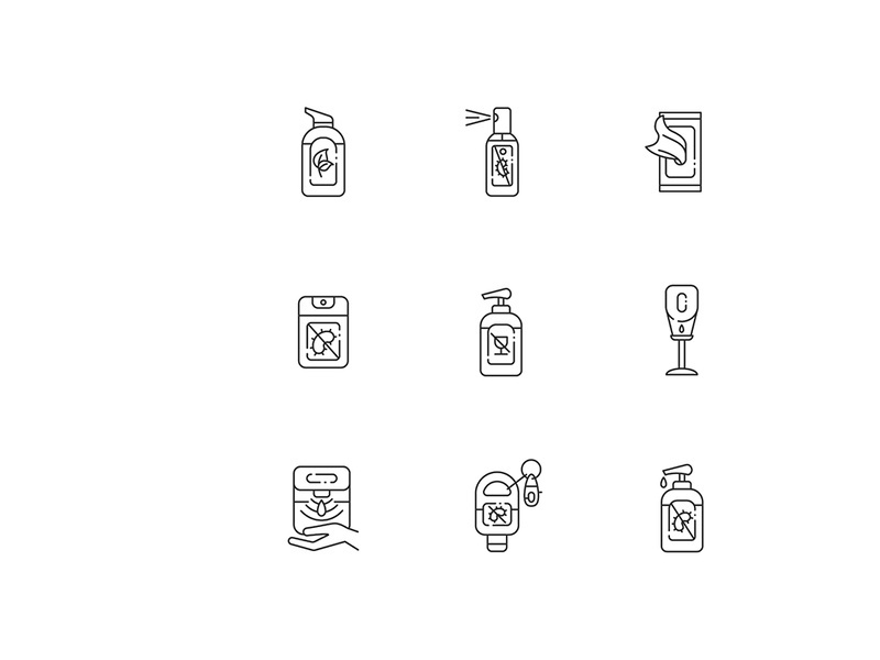 Hand sanitizers linear icons set