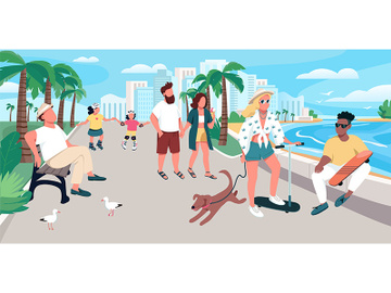 People walking on resort town street flat color vector illustration preview picture