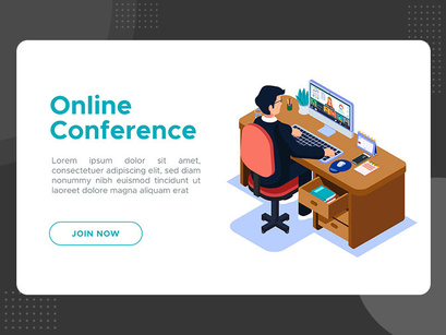Business worker do online conference with his team. Isometric Illustration.