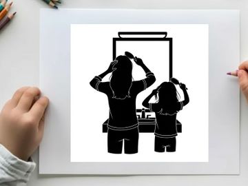 Silhouette of two women styling hair in front of a mirror preview picture