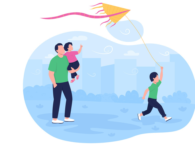 Running flying kite with children 2D vector web banner, poster