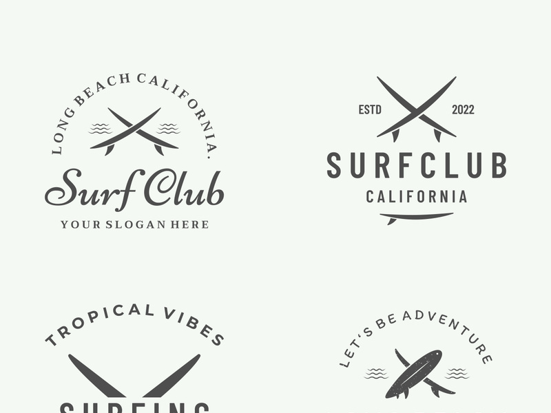 Vintage surfboard logo,surfing on summer beach.For business,badge,holiday, ,label,emblem.