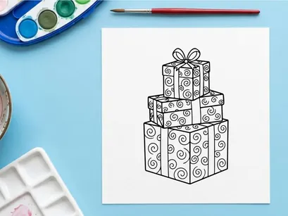 Tumpukan kotak hadiah Natal dengan pita, ilustrasi seni garis hitam putih.