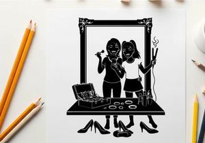 Two women admiring themselves in a large ornate mirror silhouette