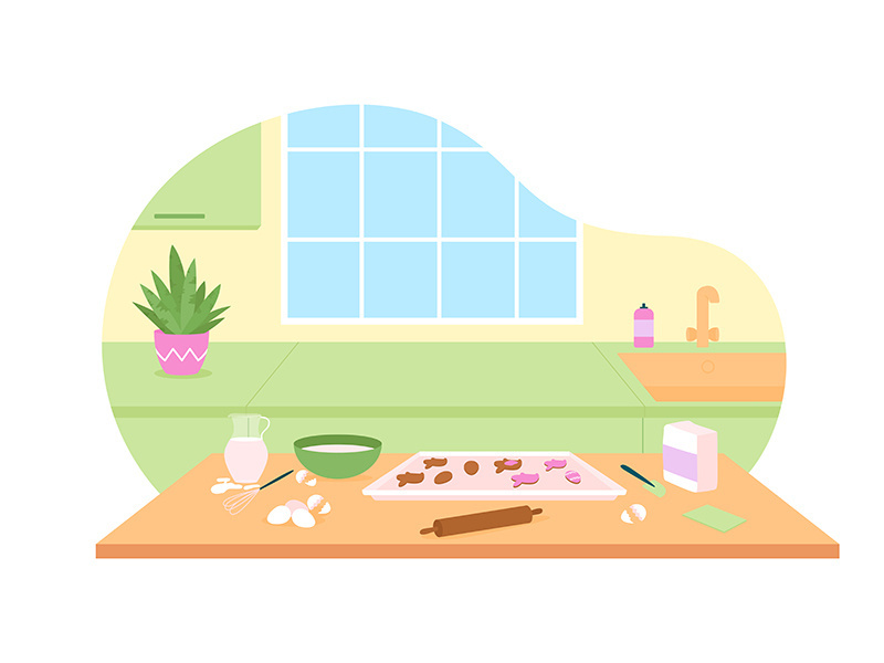Kitchen for baking easter cookies 2D vector web banner, poster