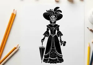 Victorian silhouette of a woman in a lavish dress and hat