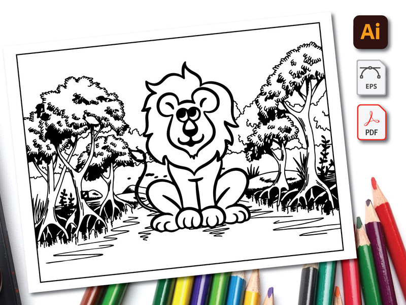 Lion Coloring Book Line Art Design