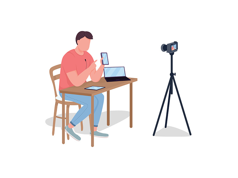Man making video review flat color vector faceless character