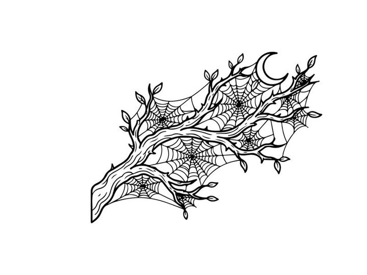 Minimalist tree branch line art illustration. Elegant botanical sketch with moon and leaves for modern design projects.