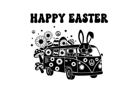 Easter bunny silhouette drives vw van with flowers peace signs