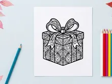 Christmas gift box with ornate floral patterns for coloring page or holiday design