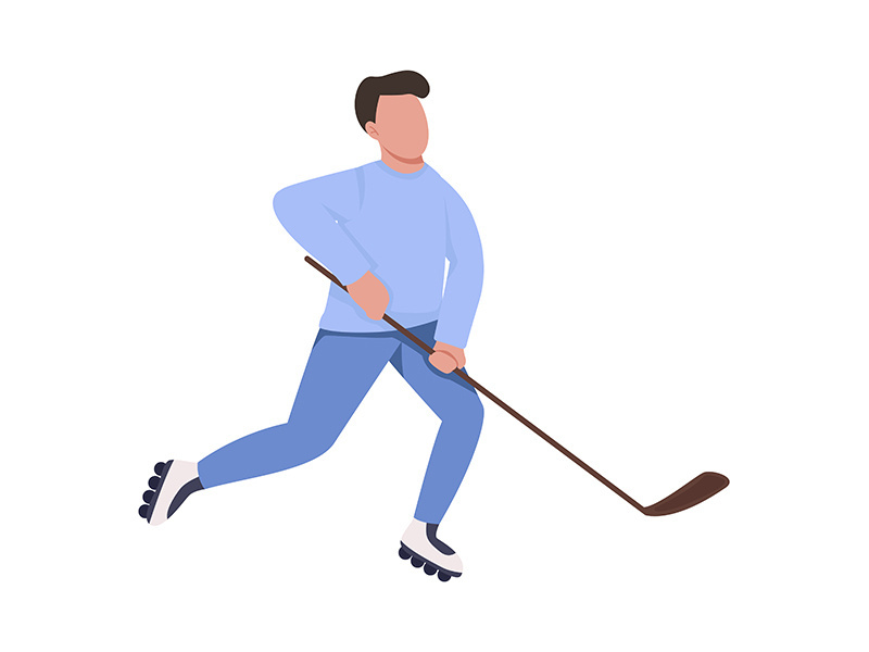 Man playing hockey on roller skates semi flat color vector character
