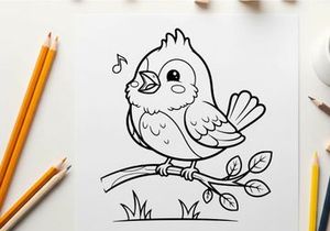 Cute singing bird on branch vector illustration