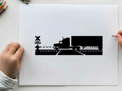 Truck silhouette crossing railroad tracks with warning signs