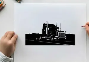 Silhouette of a semi truck driving on a highway with mountains