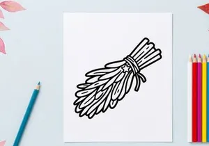 Hand-drawn Halloween broomstick with bow knot. Vintage witch flying accessory illustration for spooky decor.