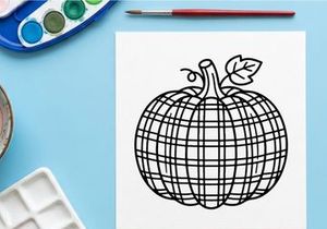 Plaid pumpkin line art illustration. Hand drawn autumn squash with checkered pattern.