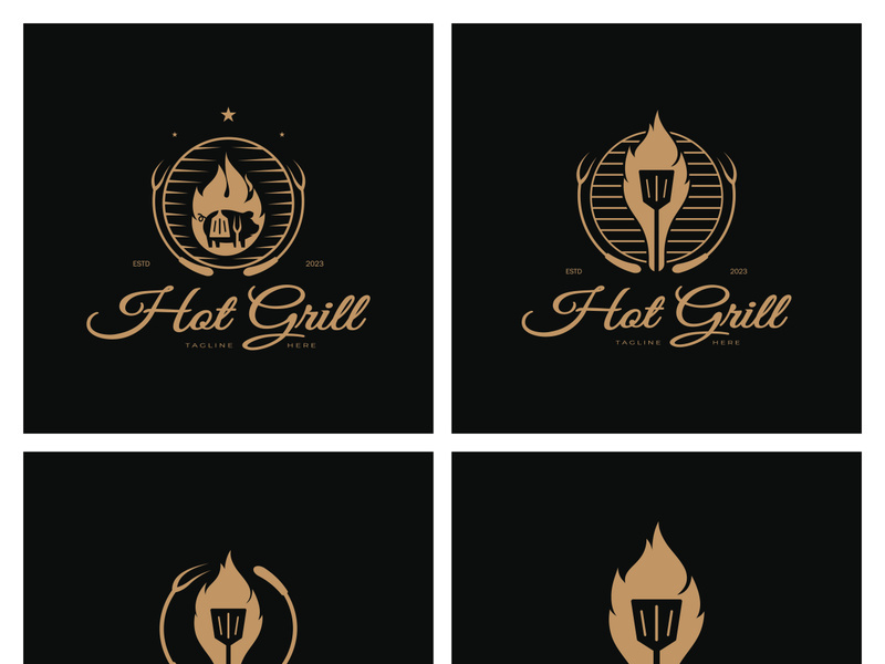 Simple Barbecue Vintage hot grill, with crossed flames and spatula. Logo for restaurant, badge, cafe and bar.vector