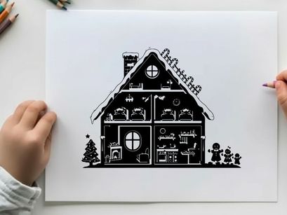 Silhouette of a gingerbread house with decorations and people