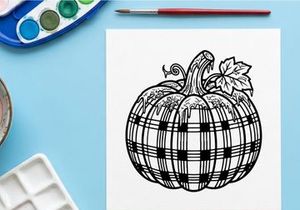 Plaid pumpkin line art illustration. Autumn harvest drawing with buffalo check pattern.