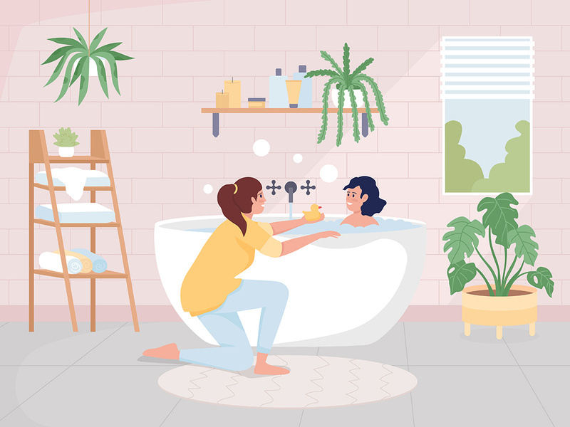Mother bathing her daughter color vector illustration