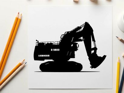 Silhouette of a black excavator on a white background